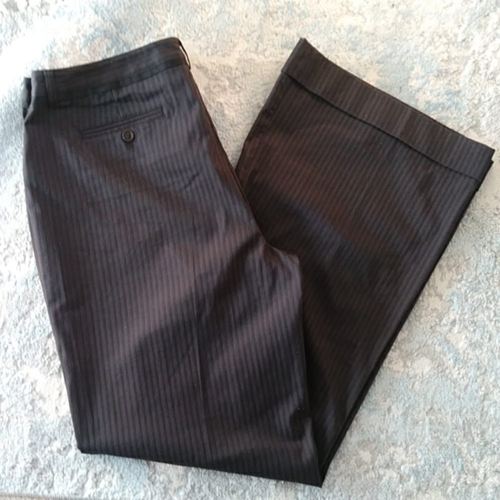 Nine West Pinstripe Slouchy Cyndi Wide Leg Cuffed Trousers 12 Brown Black